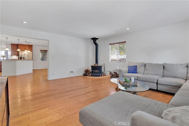 living room featuring a wood stove and light hardwood / wood-style flooring