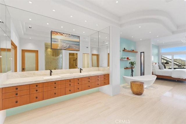 bathroom featuring vanity, a raised ceiling, and separate shower and tub