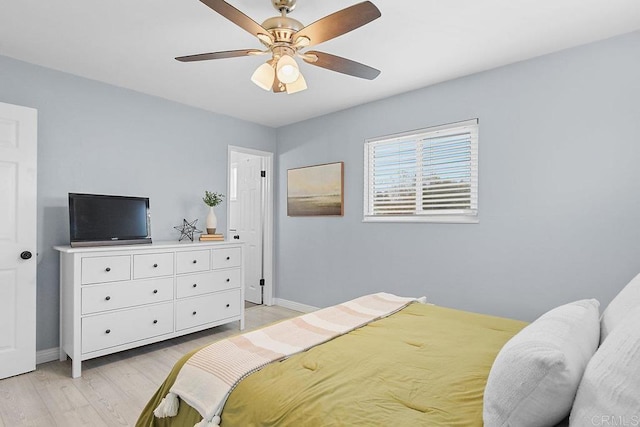 bedroom featuring ceiling fan and light wood-type flooring