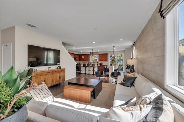 living room with a barn door