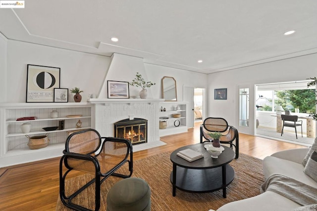 living room featuring a fireplace and light hardwood / wood-style flooring