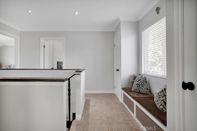 corridor with ornamental molding, light carpet, and a wealth of natural light