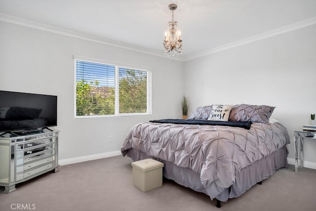 carpeted bedroom featuring an inviting chandelier and ornamental molding