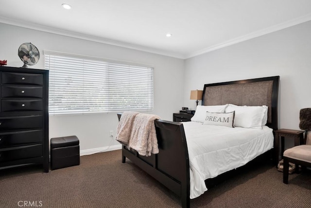 carpeted bedroom with crown molding