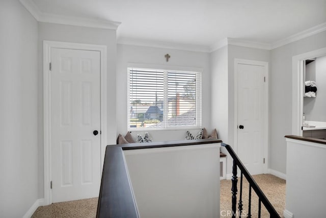 interior space featuring light colored carpet and ornamental molding