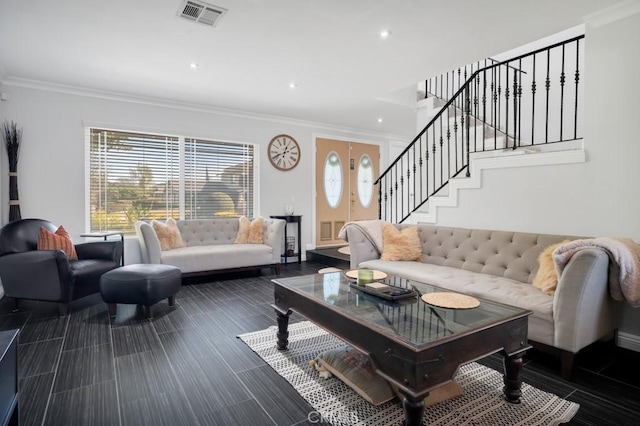 living room with crown molding