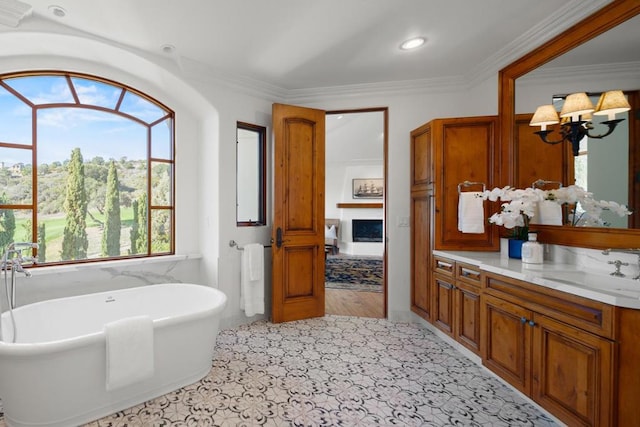 bathroom featuring a tub to relax in, vanity, and crown molding