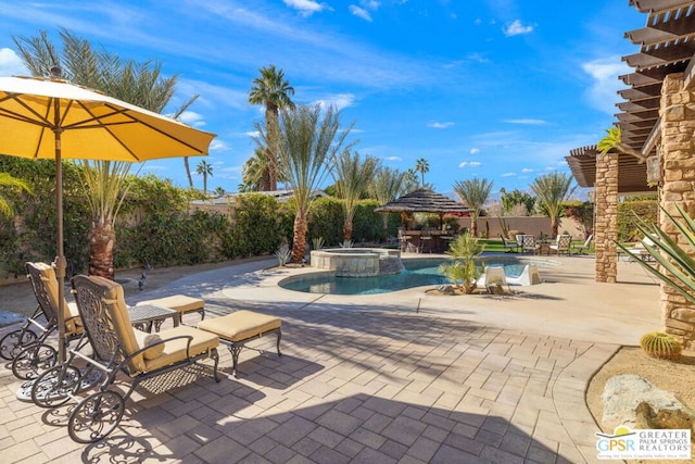 view of swimming pool featuring an in ground hot tub, a patio area, and a gazebo