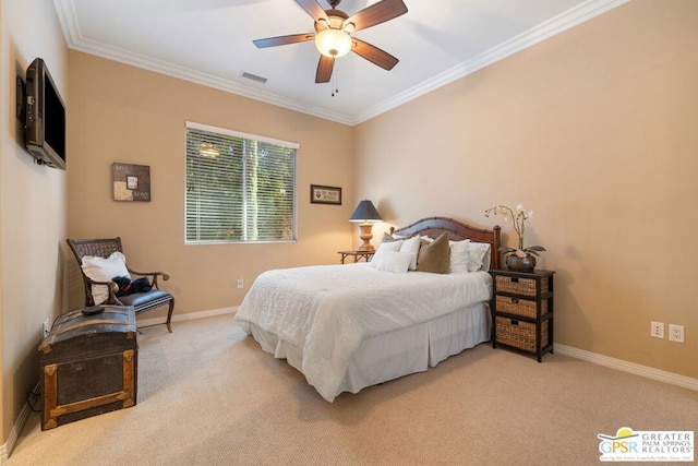 bedroom featuring ceiling fan, light colored carpet, and ornamental molding