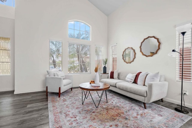 living room with high vaulted ceiling and dark hardwood / wood-style flooring