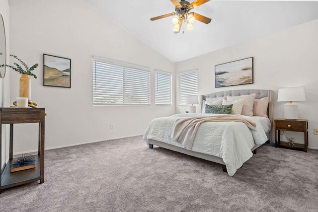 bedroom featuring ceiling fan, carpet flooring, and vaulted ceiling