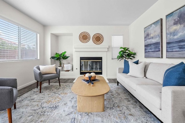 living room featuring a tiled fireplace and hardwood / wood-style flooring