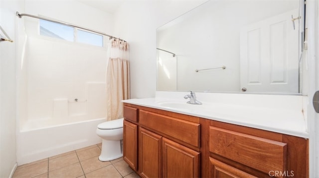 full bathroom featuring shower / bath combo with shower curtain, toilet, tile patterned flooring, and vanity