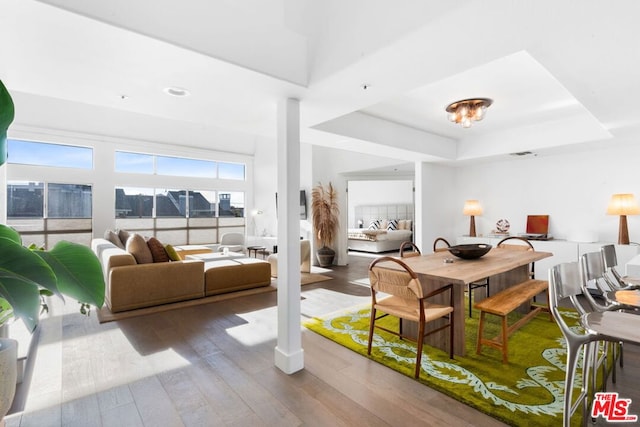 dining room featuring hardwood / wood-style floors and a tray ceiling