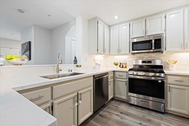 kitchen featuring sink, stainless steel appliances, decorative backsplash, and wood-type flooring