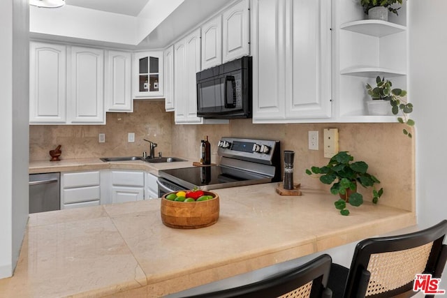 kitchen with white cabinetry, decorative backsplash, sink, kitchen peninsula, and electric range