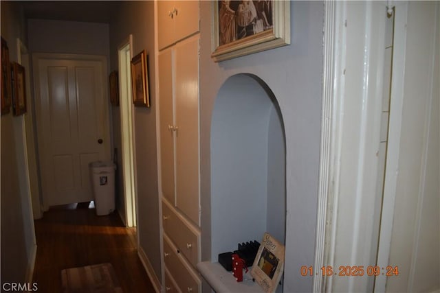 corridor with dark hardwood / wood-style flooring