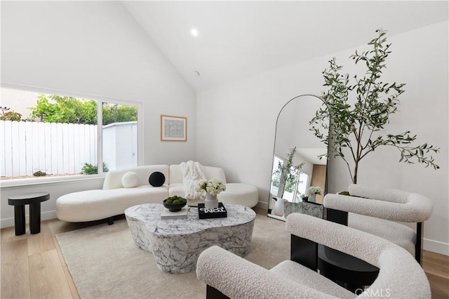 living room with high vaulted ceiling and light wood-type flooring