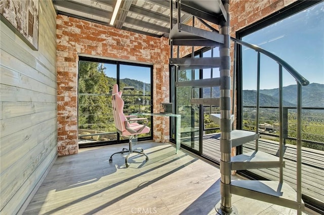 interior space with a mountain view