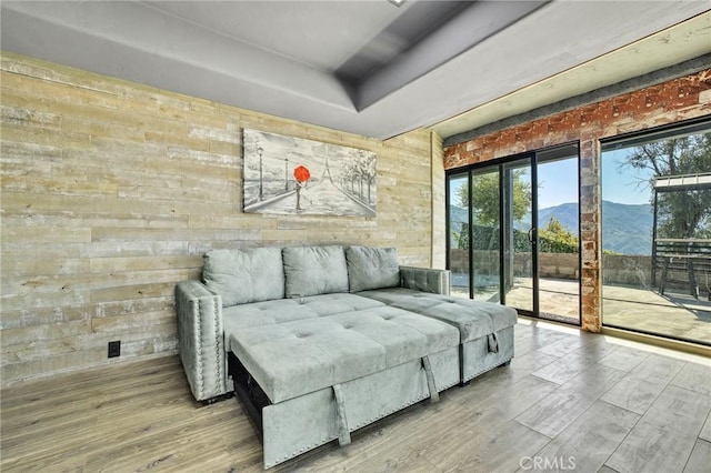 interior space with wooden walls, a mountain view, and light hardwood / wood-style flooring