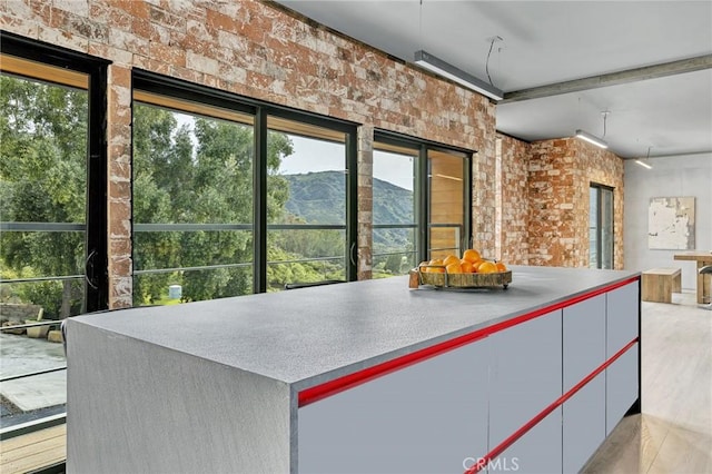 kitchen with a mountain view, brick wall, and a wealth of natural light