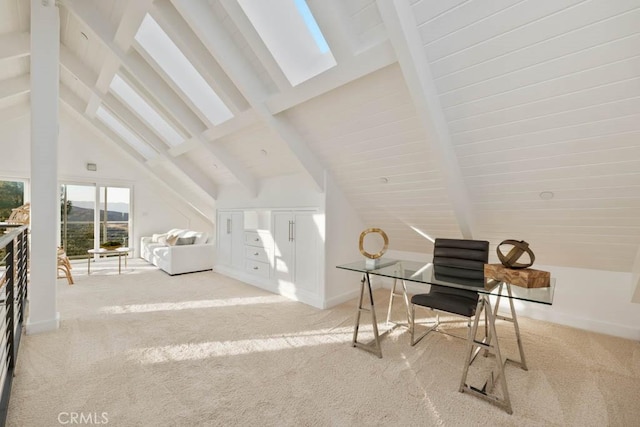 interior space featuring high vaulted ceiling and beamed ceiling