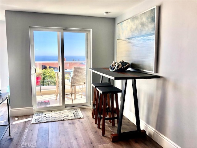 doorway with hardwood / wood-style floors and a water view