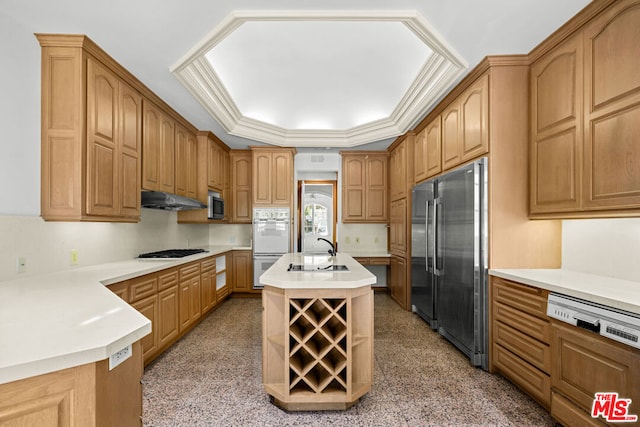 kitchen with ornamental molding, appliances with stainless steel finishes, sink, and a center island with sink