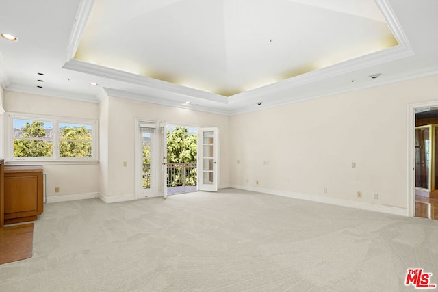 empty room featuring a tray ceiling, ornamental molding, light colored carpet, and french doors