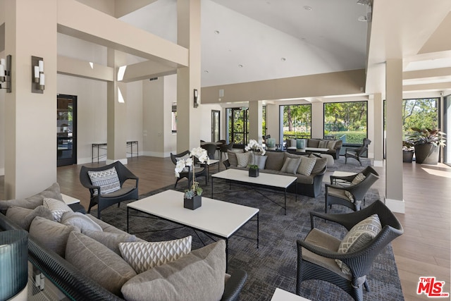 living room featuring a healthy amount of sunlight, dark hardwood / wood-style flooring, and a high ceiling