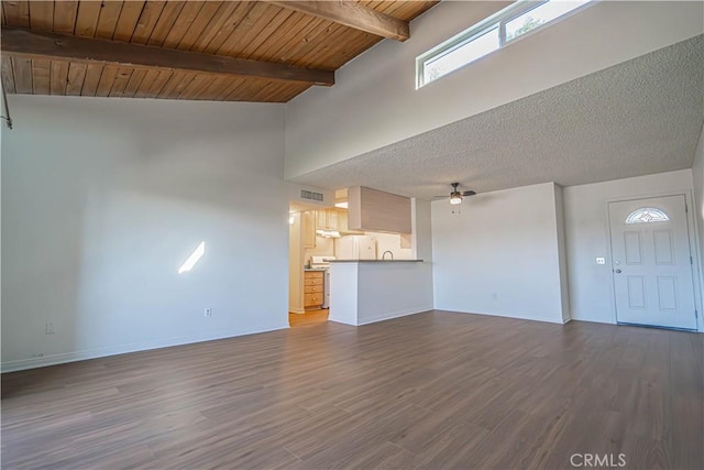 unfurnished living room featuring hardwood / wood-style flooring, beam ceiling, ceiling fan, and wood ceiling