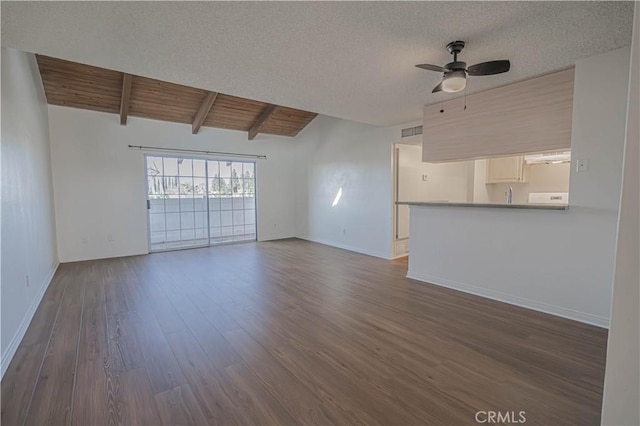 unfurnished living room featuring a textured ceiling, wood ceiling, ceiling fan, dark hardwood / wood-style floors, and lofted ceiling with beams