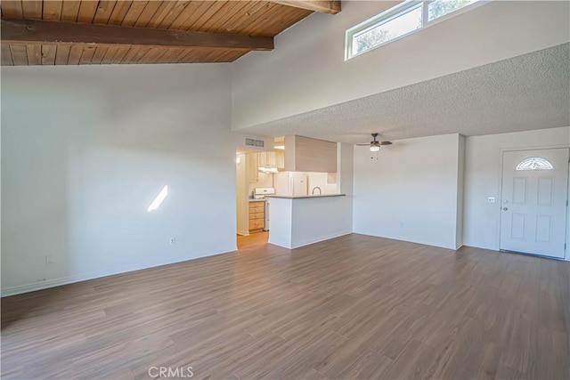 unfurnished living room featuring ceiling fan, hardwood / wood-style flooring, beam ceiling, wooden ceiling, and high vaulted ceiling