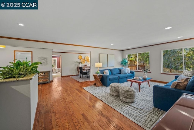 living room featuring hardwood / wood-style floors and crown molding