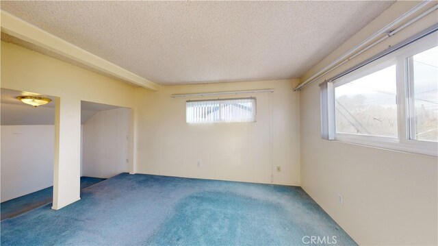 interior space featuring carpet floors and a textured ceiling