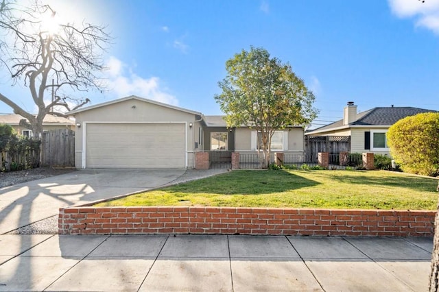 single story home featuring a garage and a front yard