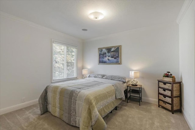 bedroom with light carpet and ornamental molding