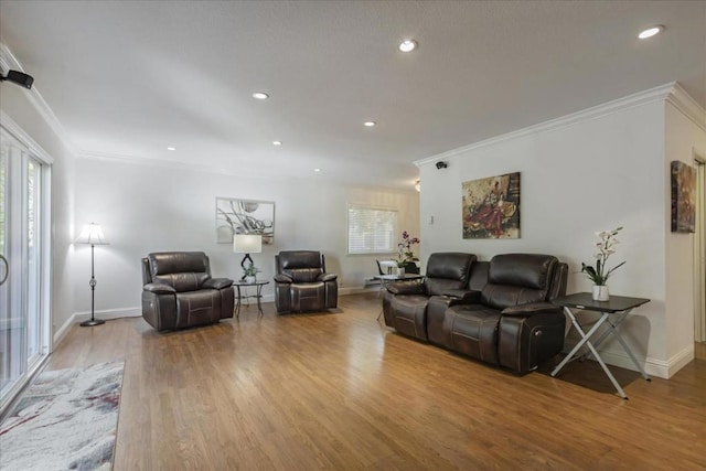 living room featuring light wood-type flooring, ornamental molding, and plenty of natural light