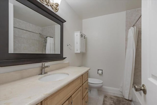 full bathroom featuring vanity, toilet, shower / tub combo with curtain, and tile patterned flooring