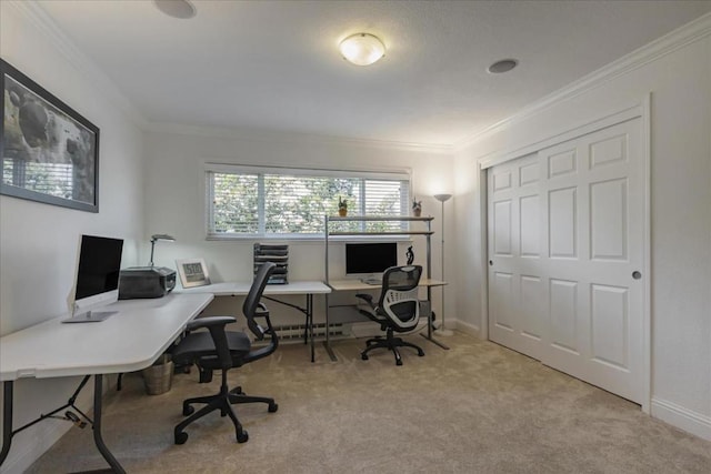 carpeted office featuring crown molding