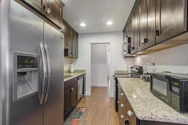 kitchen featuring dark brown cabinets, light hardwood / wood-style flooring, and stainless steel appliances