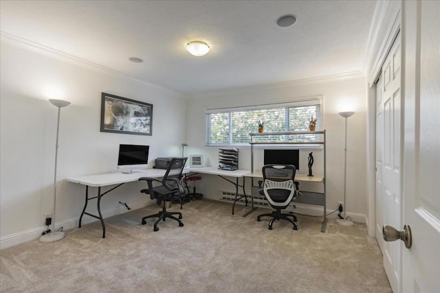 office area featuring light colored carpet and crown molding