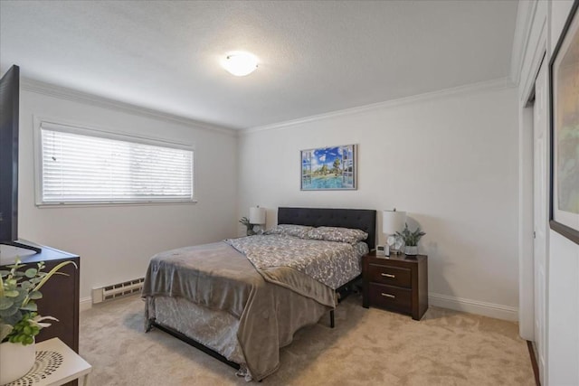 bedroom featuring light colored carpet, a baseboard radiator, and crown molding