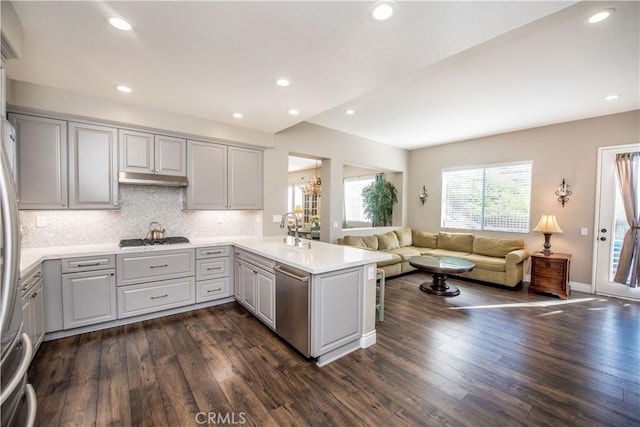 kitchen with appliances with stainless steel finishes, sink, dark hardwood / wood-style floors, kitchen peninsula, and gray cabinetry