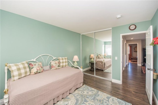 bedroom featuring dark hardwood / wood-style floors and a closet