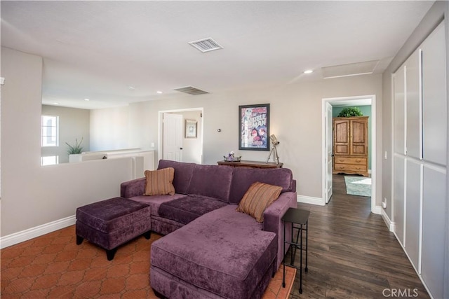 living room featuring dark wood-type flooring