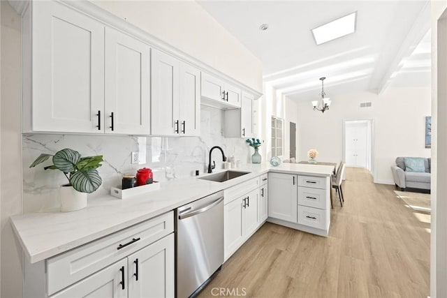 kitchen featuring dishwasher, hanging light fixtures, sink, white cabinets, and kitchen peninsula