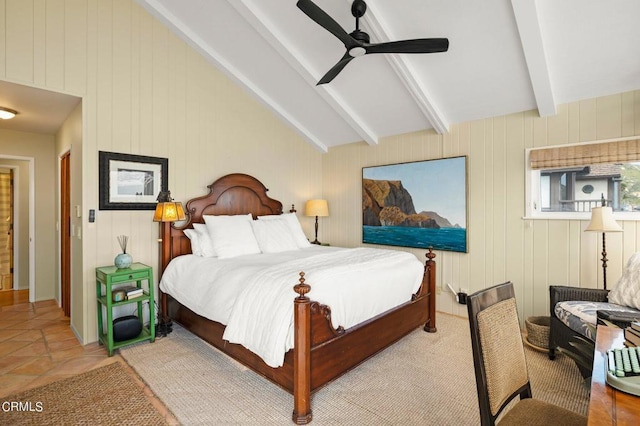 bedroom with wood walls and ceiling fan