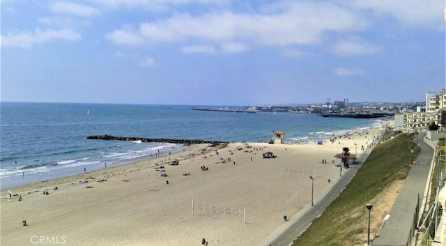 view of water feature with a beach view