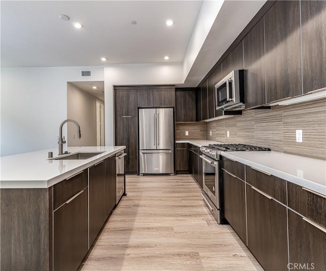 kitchen featuring light wood-style flooring, a sink, tasteful backsplash, dark brown cabinetry, and appliances with stainless steel finishes